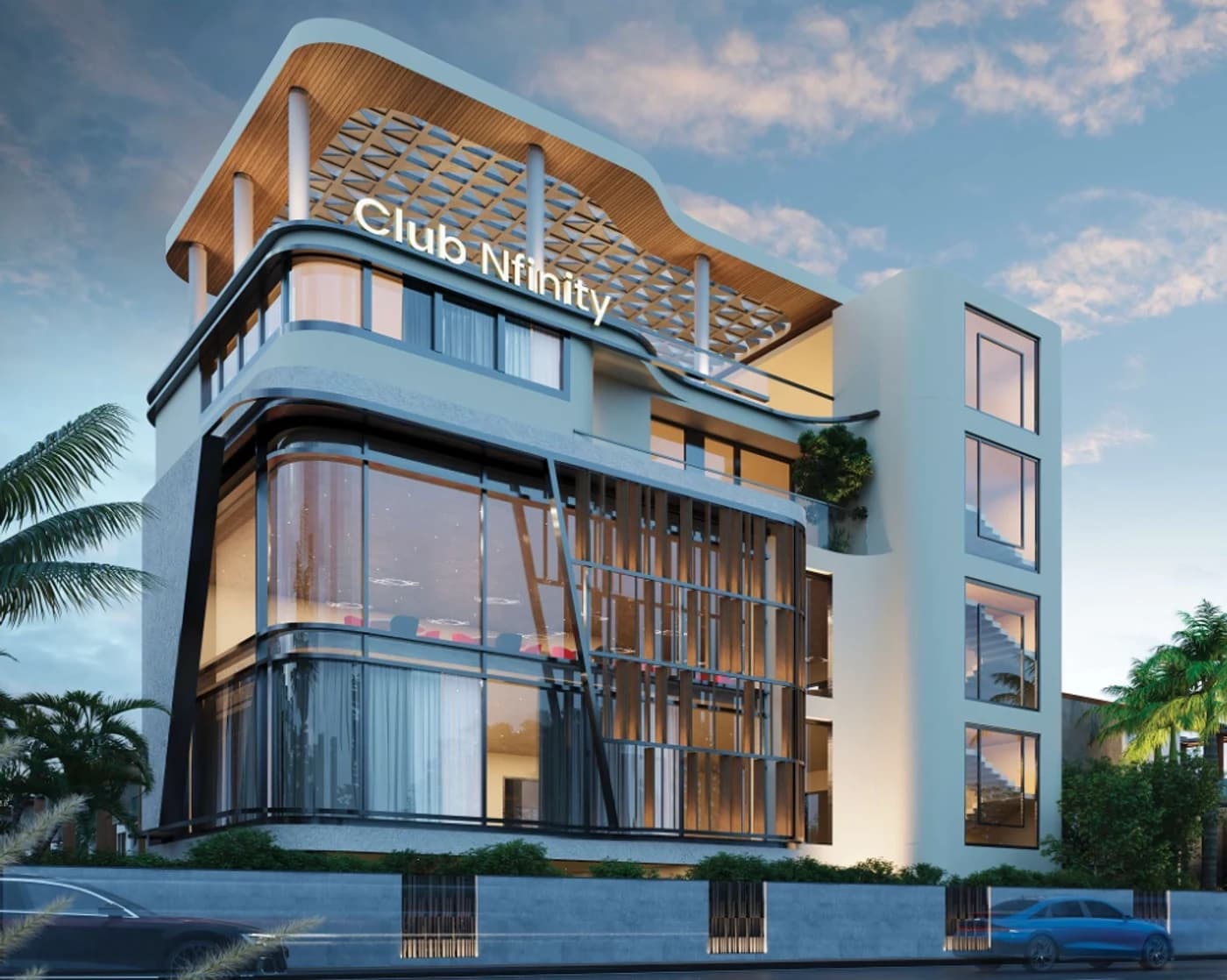 Club N’finity clubhouse at dusk — artist’s impression