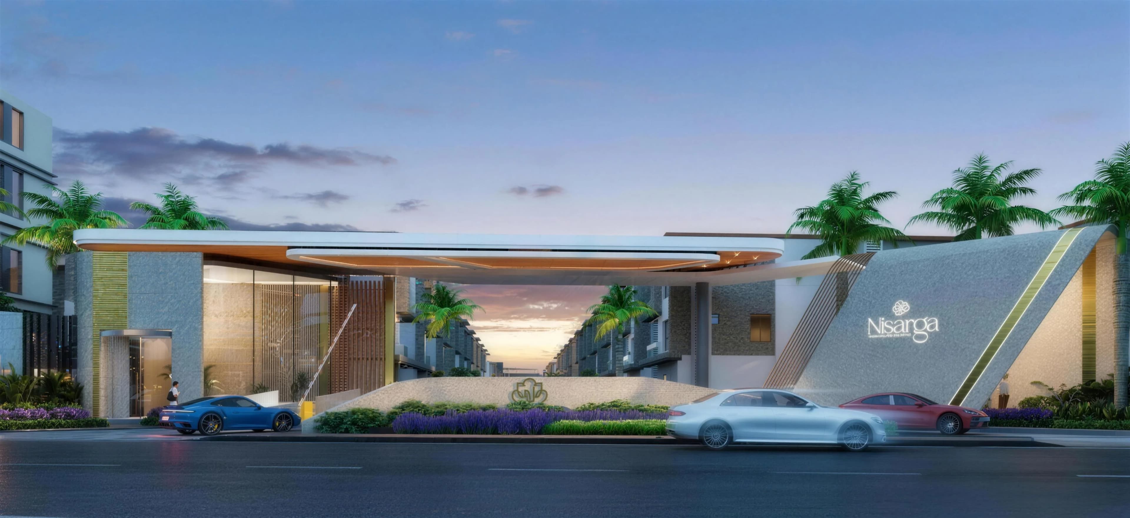 The Nisarga grand entrance at dusk — artist's impression