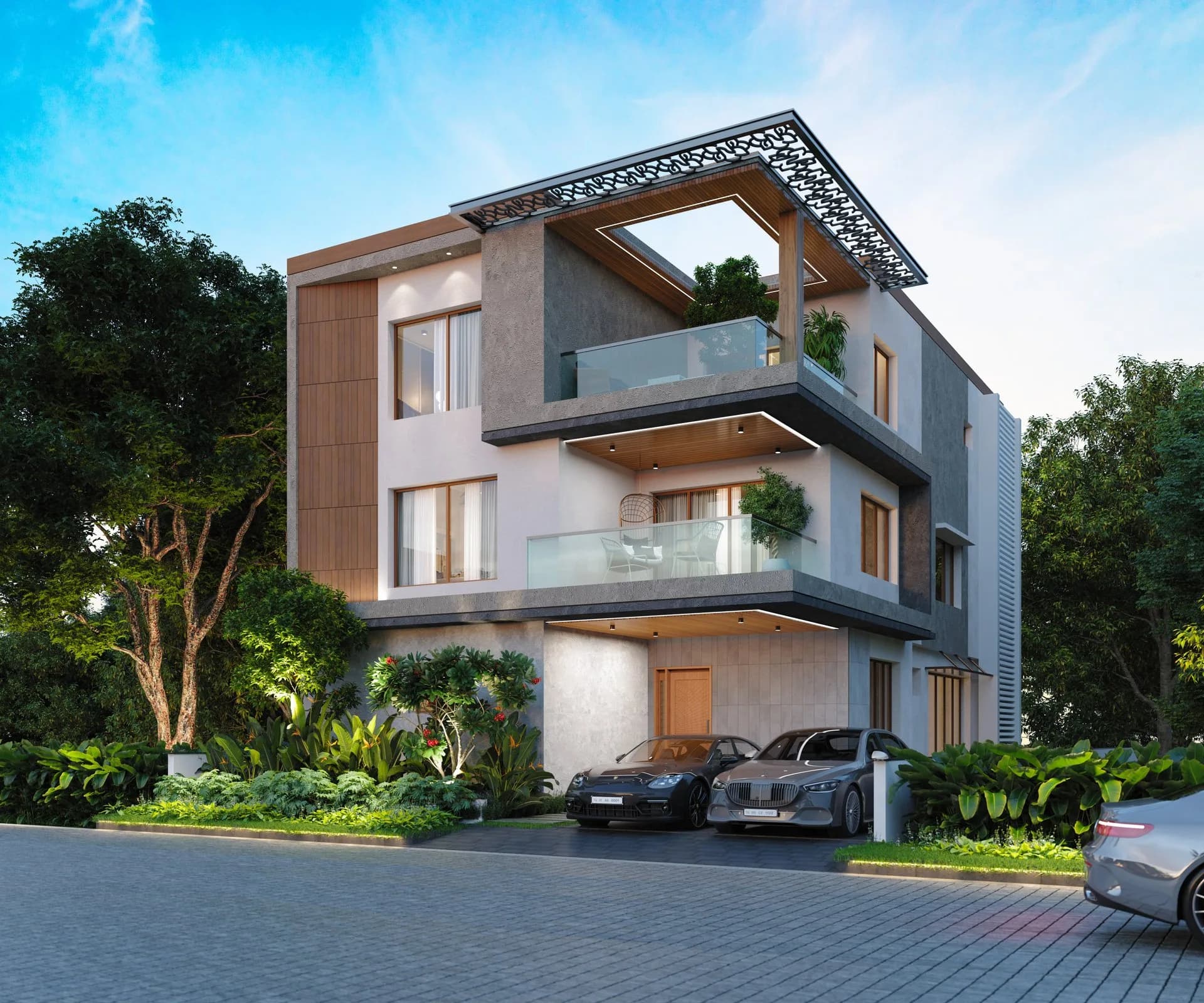A Nisarga villa at dusk — artist's impression